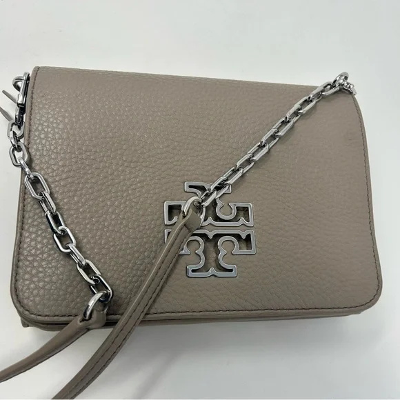 Tory Burch Britten Combo Crossbody Shoulder Bag Taupe Leather Silver Hardware - Picture 2 of 14